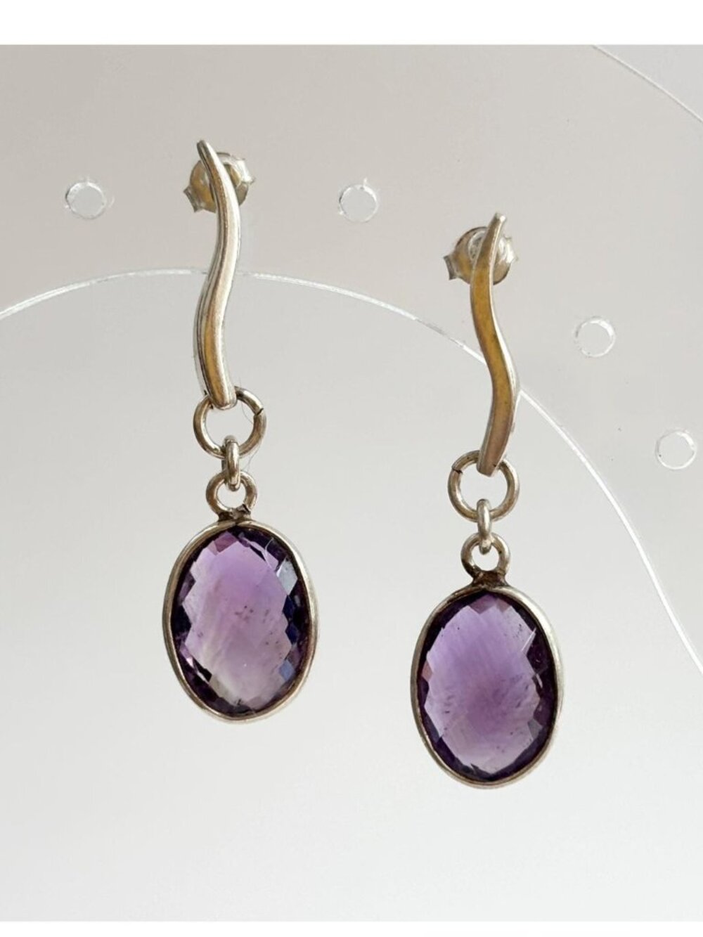 Amethyst Gemstone Swirly Minimalist Vintage Sterling Silver 925 Earrings
